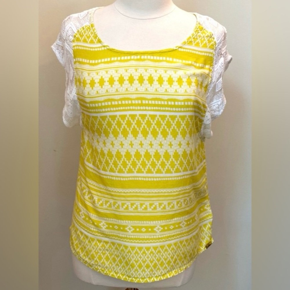 Prana Aleen Yellow White Aztec Pattern M Western Boho Chic Desert Chic Lace Top